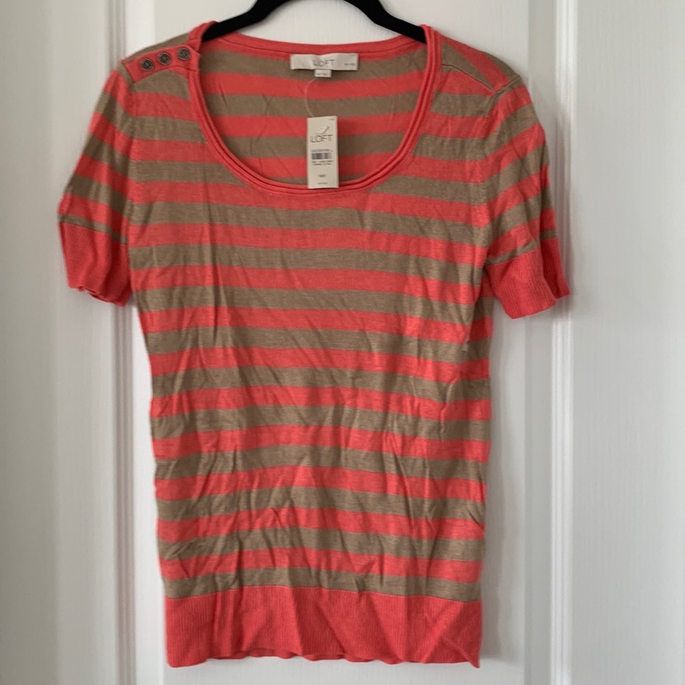 NWT LOFT Coral And Tan Striped Short Sleeves Rayon/Silk Blend Knit Top Size MP